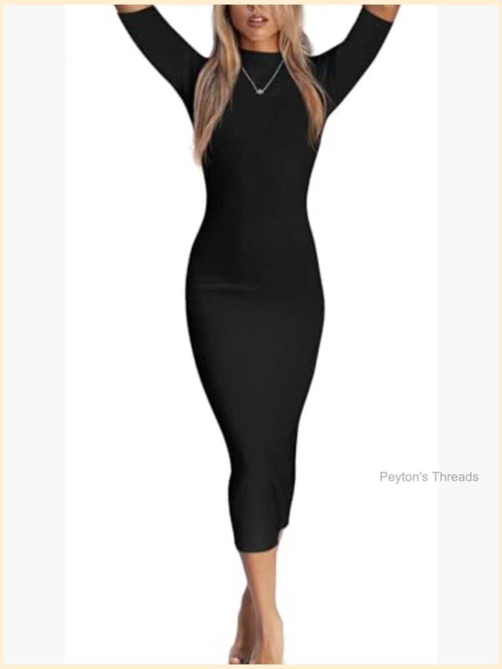 Women's Spring Midi Bodycon Dress 3/4 Long Sleeve Crewneck Ribbed Knit Fitted - Picture 2 of 4